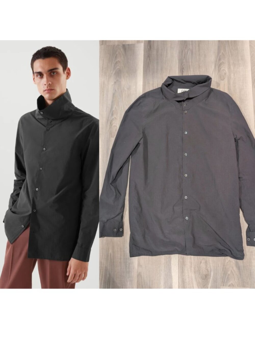 COS | Men's Funnel Neck Cotton Button Up Shirt In Washed Dark Grey